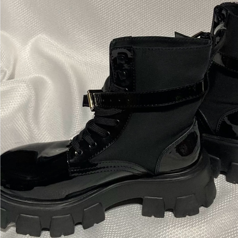 Prada Monolith Patent Leather and Nylon Combat Boots - Black - Size 9.5